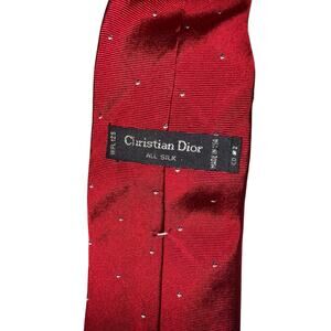Vintage Christian Dior Silk Tie Deep Red Blue White Dots Old Money Luxury ~Flaw